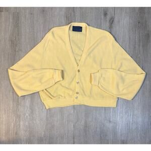 Vintage 60's Men's CROPPED Yellow Cardigan Knit Sweater Large Campus Academia